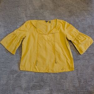 Ellen Tracy Mustard Yellow Tassel Tie Linen Women's Bell Sleeve Top - XL
